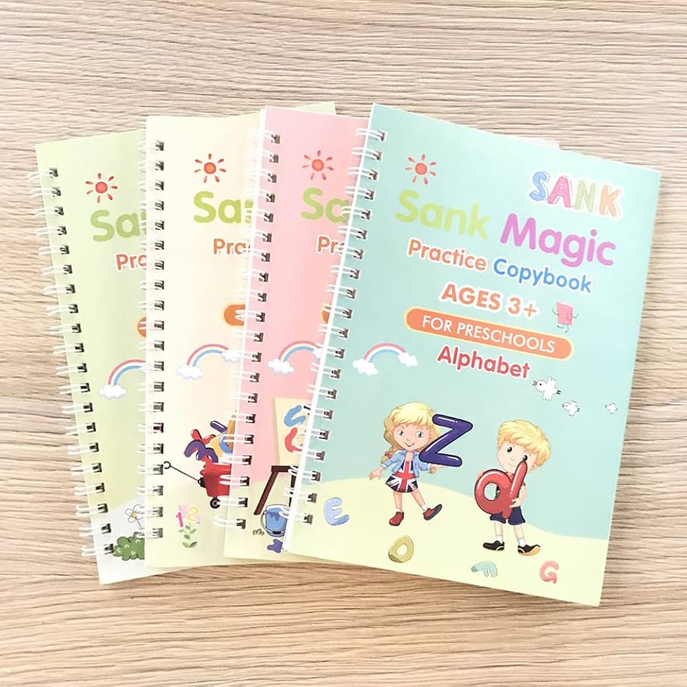 Set of 4 Sank Magic Learning Book with Magic Pen & 5 refills, Practice book For Montessori children Tracing Handwriting