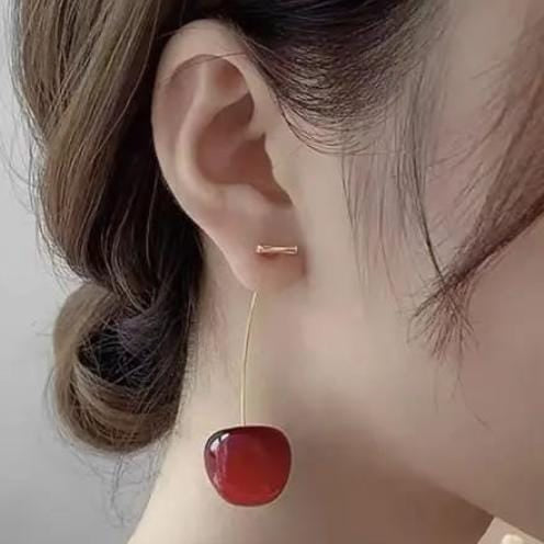 Trendy Korean Cherry Drop Earrings for Women π | Cute Long Stem Minimalist Red Cherry Earrings | Aesthetic Statement Jewelry for Casual & Party Outfits
