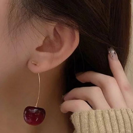 Trendy Korean Cherry Drop Earrings for Women π | Cute Long Stem Minimalist Red Cherry Earrings | Aesthetic Statement Jewelry for Casual & Party Outfits