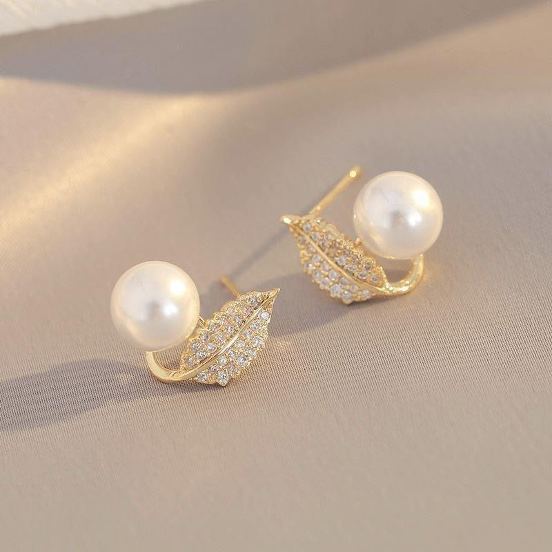 Leaf Pearl Earrings - Classy and Feminine Jewelry for Daily & Party Wear - Studs For Girls And Womens