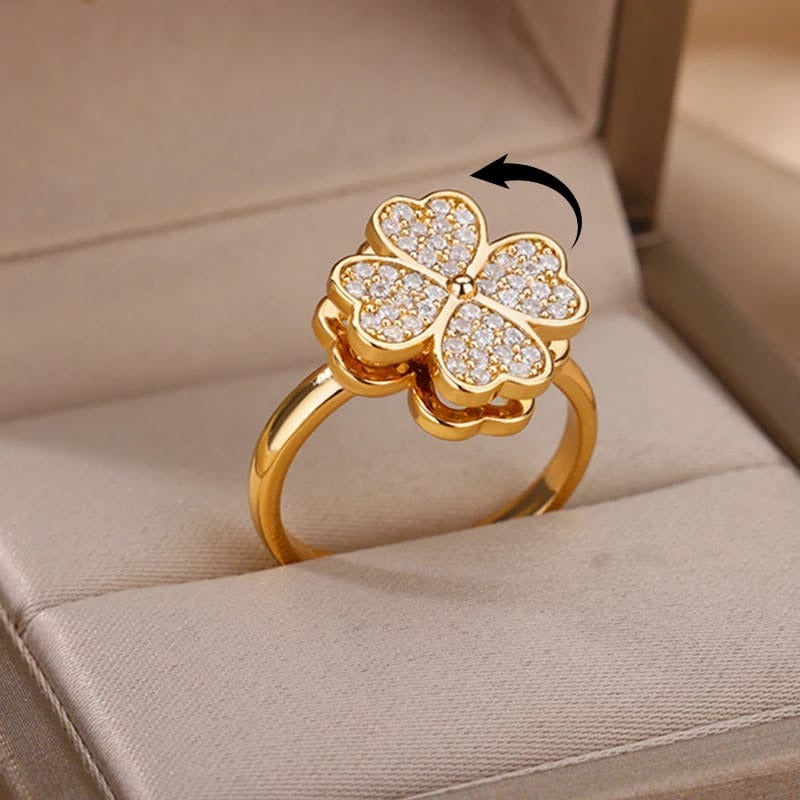 Lucky Four-Leaf Clover Rotating Anxiety Ring – Spinner Fidget Ring for Stress Relief, Adjustable Lucky Flower Ring for Women & Girls (With Box)