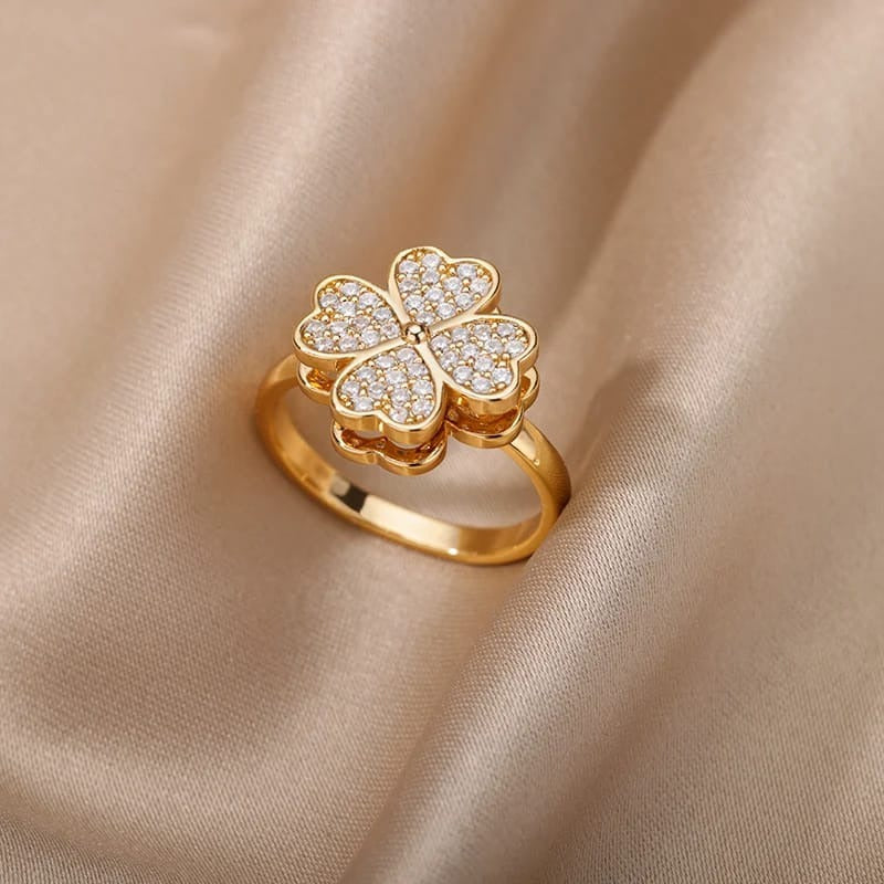 Lucky Four-Leaf Clover Rotating Anxiety Ring – Spinner Fidget Ring for Stress Relief, Adjustable Lucky Flower Ring for Women & Girls (With Box)