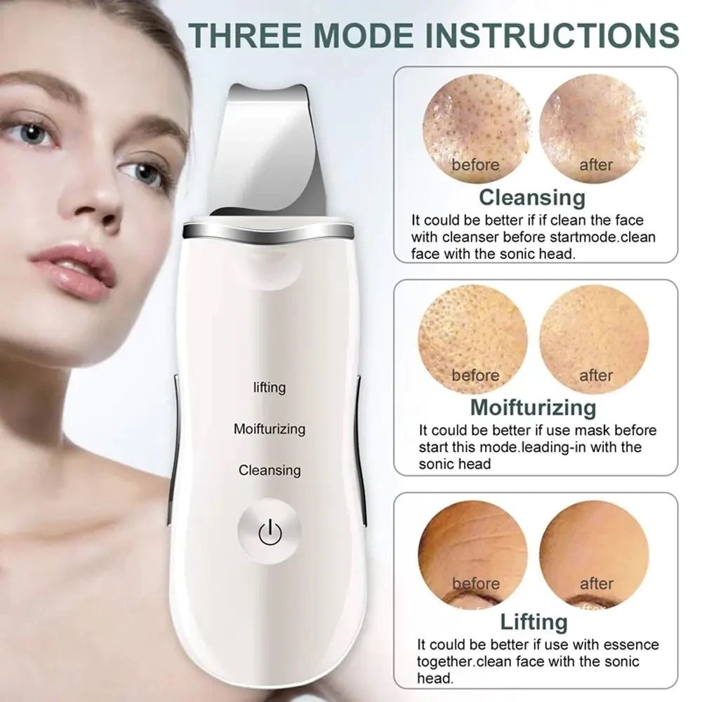 Rechargeable Ultrasonic Skin Scrubber – Deep Cleansing Facial Spatula & Blackhead Remover with Vibration & Peeling Modes