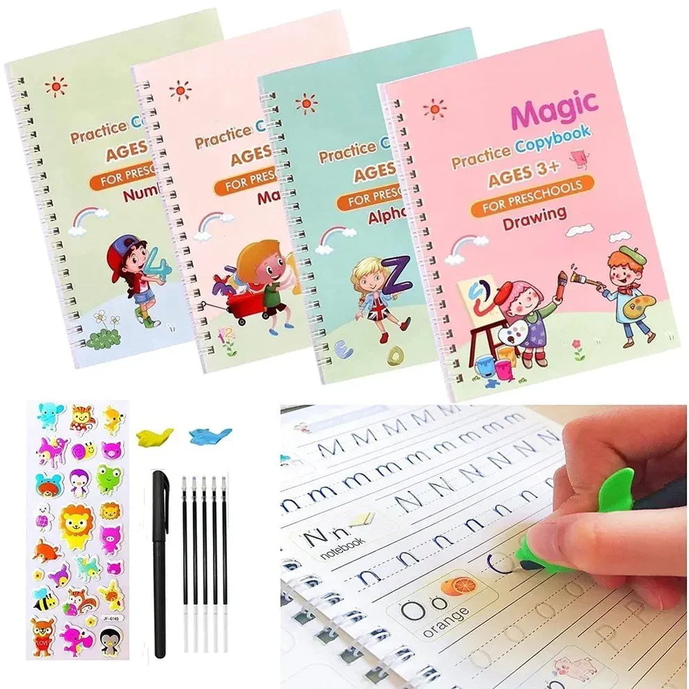 Set of 4 Sank Magic Learning Book with Magic Pen & 5 refills, Practice book For Montessori children Tracing Handwriting