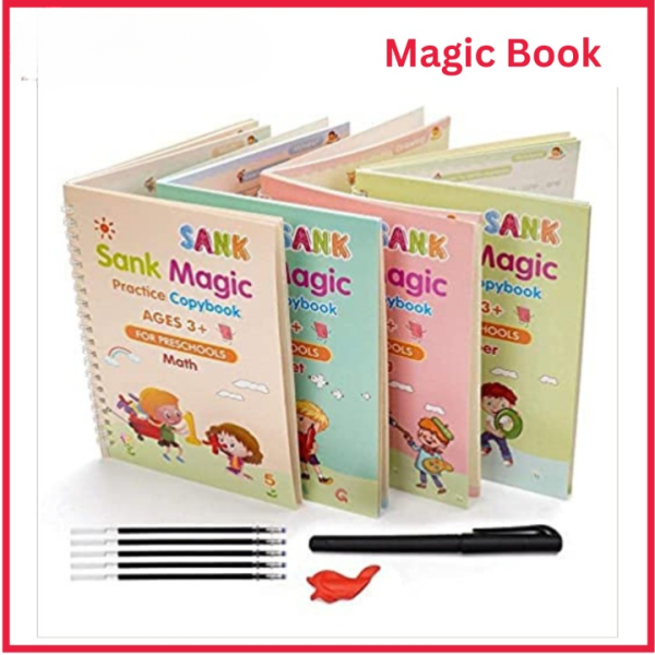 Set Of 4 Sank Magic Learning Book With Magic Pen & 5 Refills, Practice Book For Montessori Children Tracing Handwriting