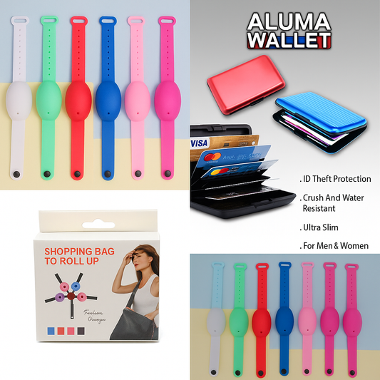 Pack of 3 Combo – Alluma Wallet, Sanitizer Watch &amp; Reusable Shopping Bag - Best Quality Wallet, Sanitizer Watch &amp; Shopping Bag ( Random Color )