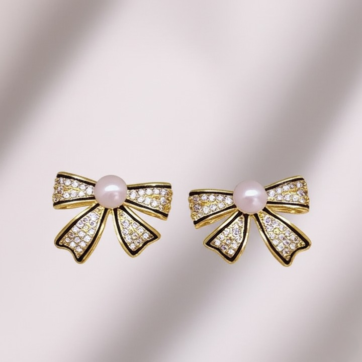 PJT-995 Bow Shape Zircon Pearl Earrings for Women – Korean Style Jewelry with Sparkling Zircon &amp; Classic Pearl Center | Available in Golden &amp; Silver | Perfect Gift for Parties, Weddings &amp; Everyday Fashion - Silver