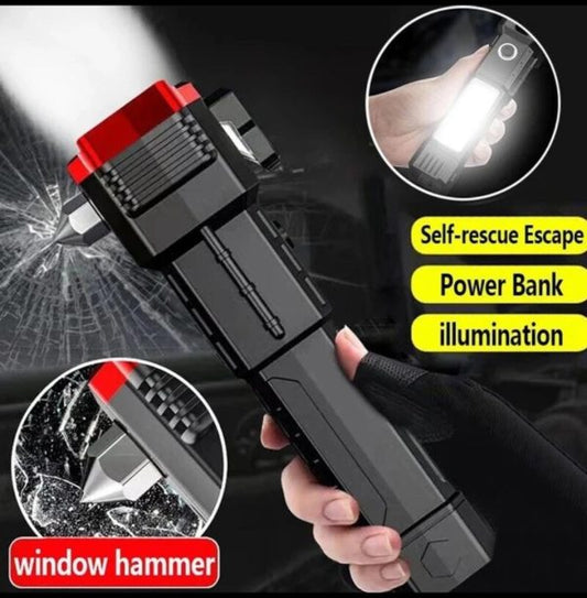 High-power Led Torch Light Rechargeable Flashlight And Multi functional Tactical Hammer &amp; Power Bank To Charge the Phone With Box ( Random Color )