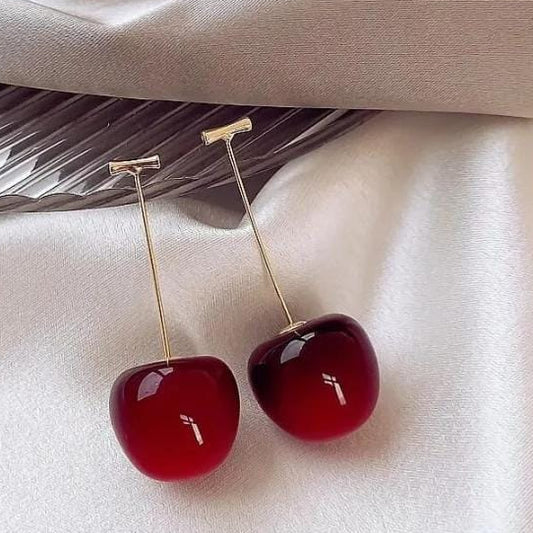 Trendy Korean Cherry Drop Earrings for Women 🍒 | Cute Long Stem Minimalist Red Cherry Earrings | Aesthetic Statement Jewelry for Casual &amp; Party Outfits