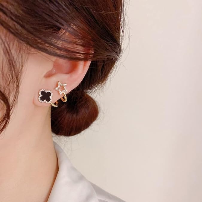 Sparkling Clover Star Earrings – Gold Plated Fashion Jewelry with Black Enamel &amp; Crystal Detailing ( PXJ-107) - Golden