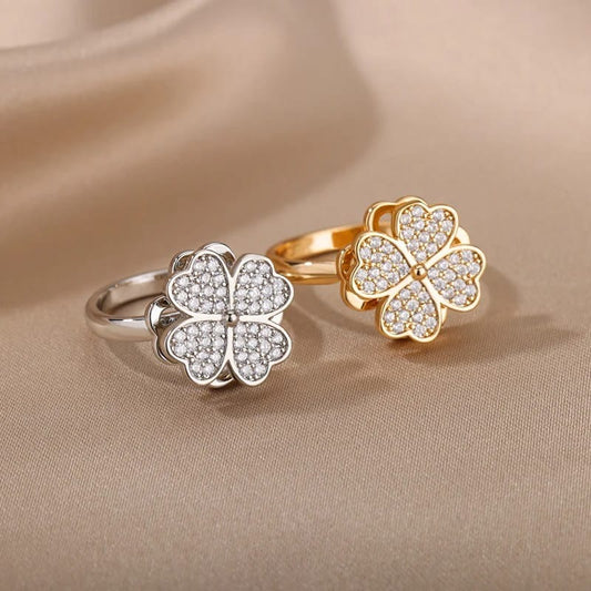 Lucky Four-Leaf Clover Rotating Anxiety Ring – Spinner Fidget Ring for Stress Relief, Adjustable Lucky Flower Ring for Women &amp; Girls (With Box)