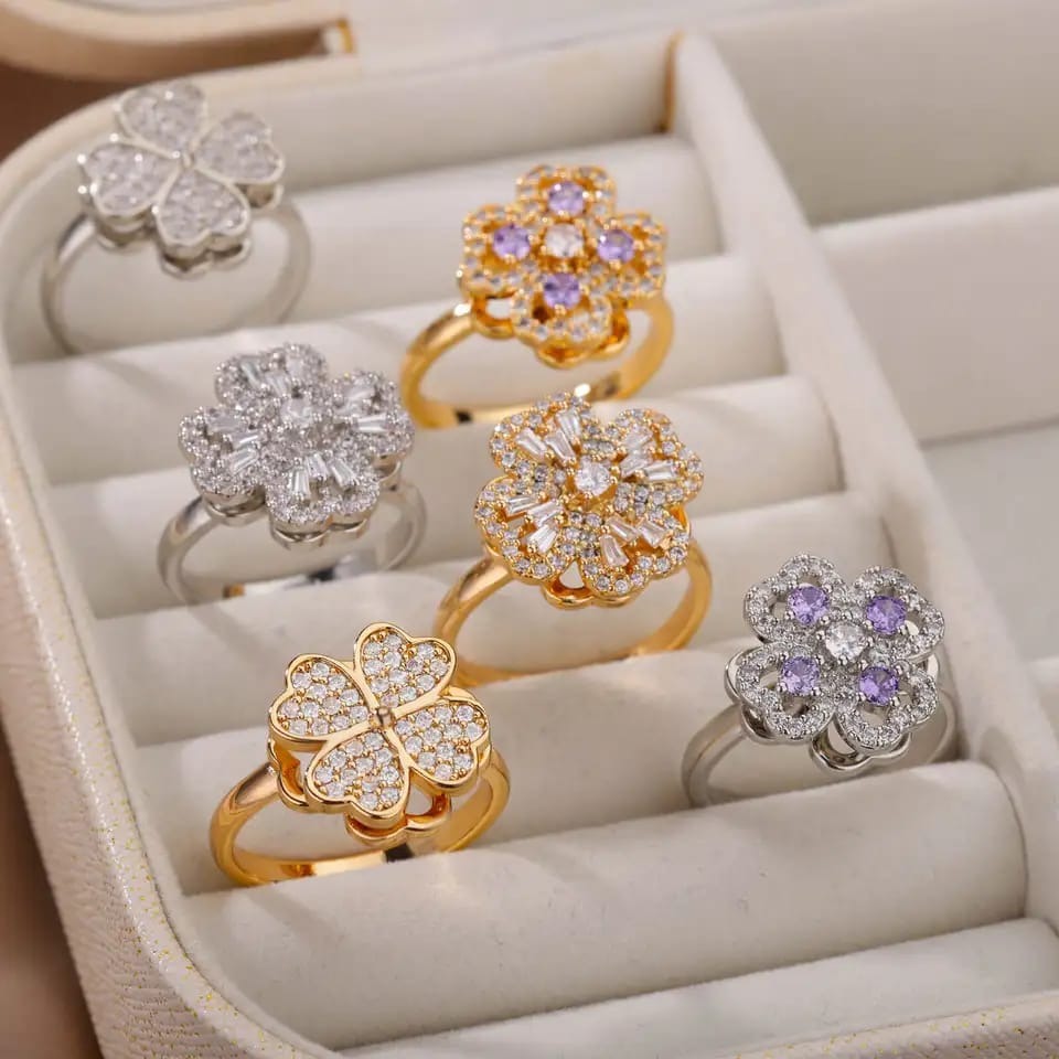 Lucky Four-Leaf Clover Rotating Anxiety Ring – Spinner Fidget Ring for Stress Relief, Adjustable Lucky Flower Ring for Women &amp; Girls (With Box)