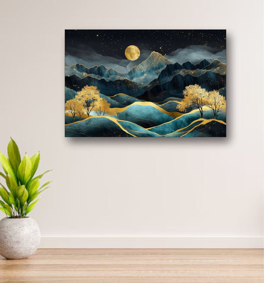 Metal Art, Black and golden metal wall frame for home and office decor, mountain nature frame