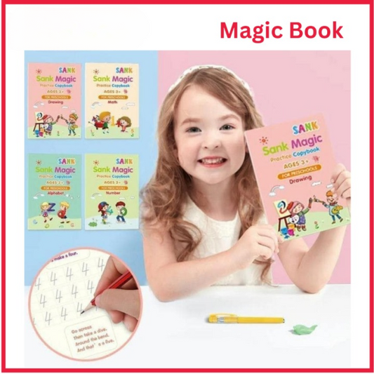 Set Of 4 Sank Magic Learning Book With Magic Pen & 5 Refills, Practice Book For Montessori Children Tracing Handwriting